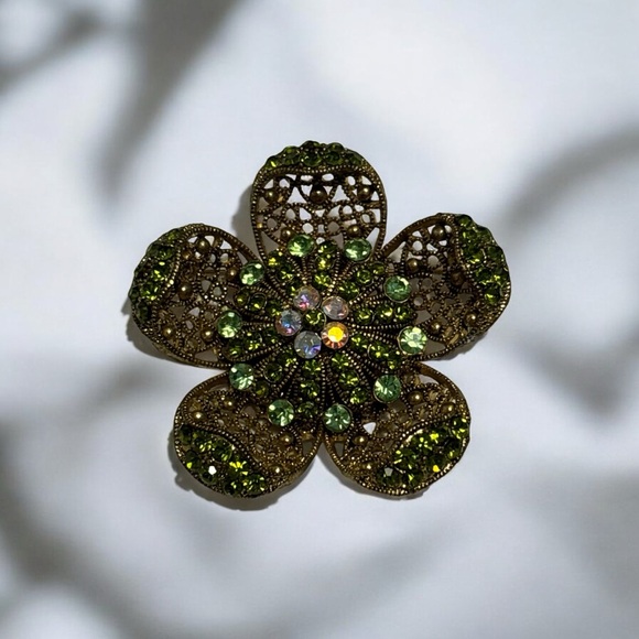 Vintage Gold Tone Green & AB Crystal Floral Brooch 2-1/4” - Picture 1 of 8